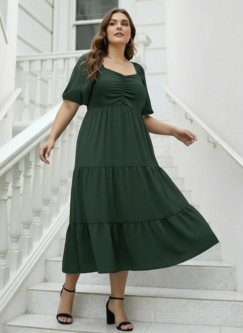 Globus Gloplus Women Olive Sweetheart Neck Puff Sleeves Self Design Ruched Detail Tiered Midi Plus Size A-Line Dress - Image 1